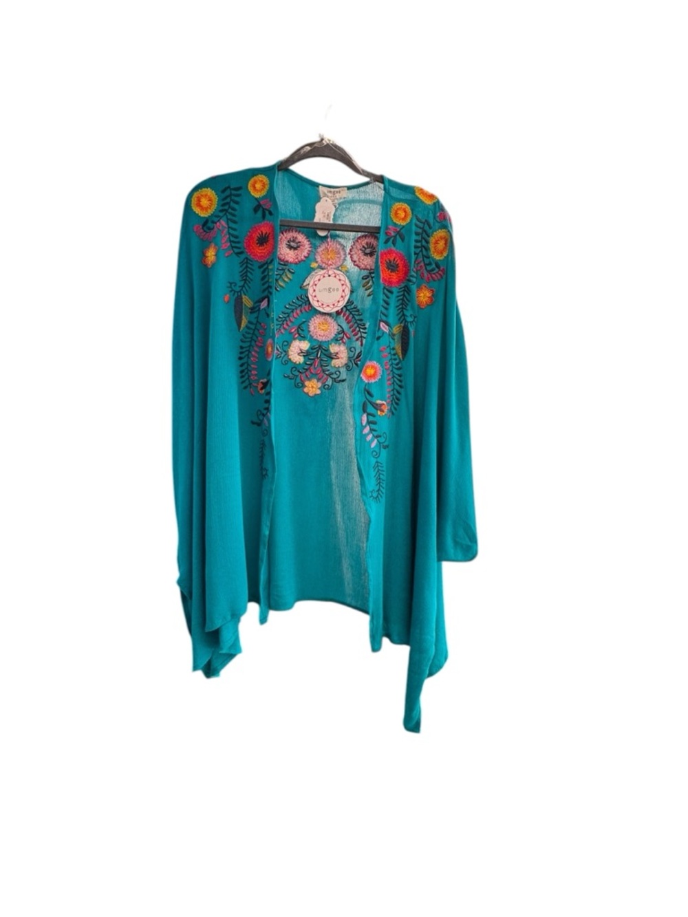 Umgee Teal Open-Front Sweater Shrug Multicolor Floral Embroidery Boho Airy Fairy